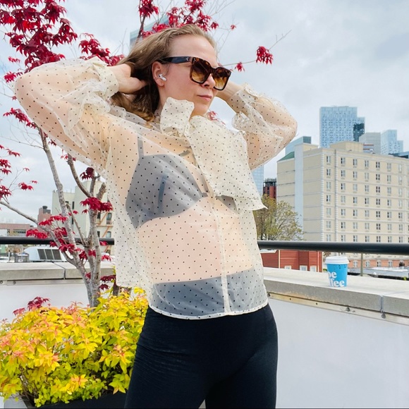 COPY - Transparent Polka Dot Puff Sleeve Shirt Bishop Statement Sleeves Neck Bow - Picture 1 of 16